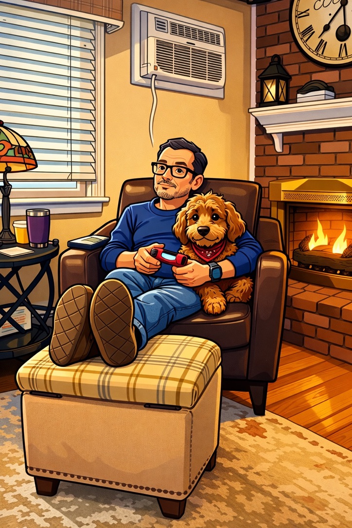 Illustration of Mike and his dog Ginger gaming by the fireplace